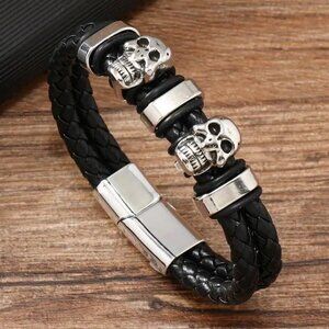 Skull Leather Cuff Bracelet Wrist Rock Edgy Goth Grunge Punk Biker Black Braided